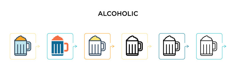 Alcoholic vector icon in 6 different modern styles. Black, two colored alcoholic icons designed in filled, outline, line and stroke style. Vector illustration can be used for web, mobile, ui