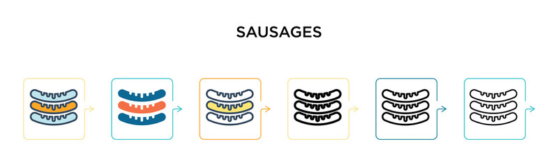 Sausages vector icon in 6 different modern styles. Black, two colored sausages icons designed in filled, outline, line and stroke style. Vector illustration can be used for web, mobile, ui