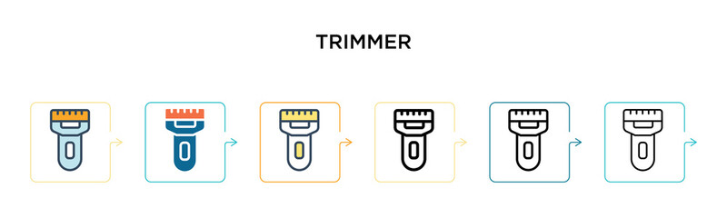 Trimmer vector icon in 6 different modern styles. Black, two colored trimmer icons designed in filled, outline, line and stroke style. Vector illustration can be used for web, mobile, ui