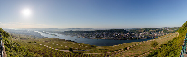 Panorama vom Niederwalddenkmal oberhalb R&uuml;desheims. Es schweift der Blick &uuml;ber den Rhein von Mainz nach Bingen. 