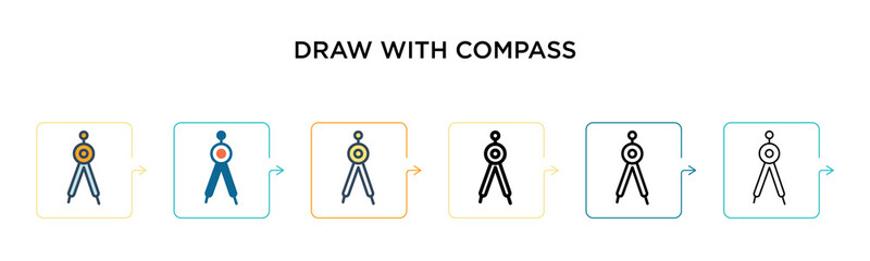 Draw with compass vector icon in 6 different modern styles. Black, two colored draw with compass icons designed in filled, outline, line and stroke style. Vector illustration can be used for web,