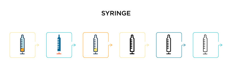 Syringe vector icon in 6 different modern styles. Black, two colored syringe icons designed in filled, outline, line and stroke style. Vector illustration can be used for web, mobile, ui