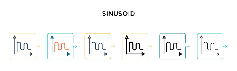 Sinusoid vector icon in 6 different modern styles. Black, two colored sinusoid icons designed in filled, outline, line and stroke style. Vector illustration can be used for web, mobile, ui
