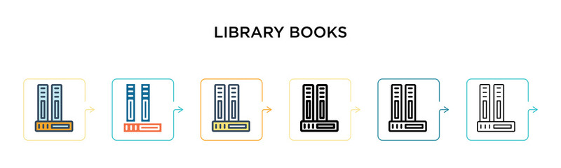 Library books vector icon in 6 different modern styles. Black, two colored library books icons designed in filled, outline, line and stroke style. Vector illustration can be used for web, mobile, ui