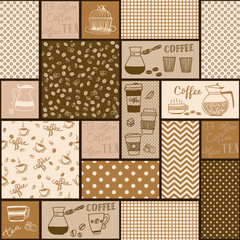 Seamless patchwork tile with hand drawn design elements: coffee beans, tea and coffee cups, dishes in brown and beige colors. Vector Illustration of a kitchen pattern.
