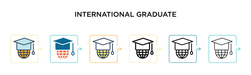 International graduate vector icon in 6 different modern styles. Black, two colored international graduate icons designed in filled, outline, line and stroke style. Vector illustration can be used for