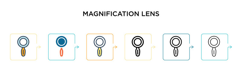Magnification lens vector icon in 6 different modern styles. Black, two colored magnification lens icons designed in filled, outline, line and stroke style. Vector illustration can be used for web,
