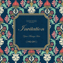 Template greeting card, invitation and advertising banner, brochure with space for text. Vintage Invitation or wedding card with colorful damask pattern. Hand drawn. Vector