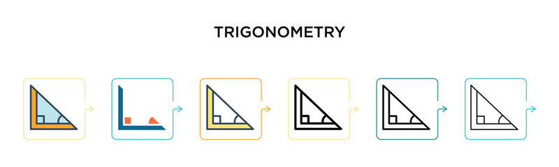 Trigonometry vector icon in 6 different modern styles. Black, two colored trigonometry icons designed in filled, outline, line and stroke style. Vector illustration can be used for web, mobile, ui
