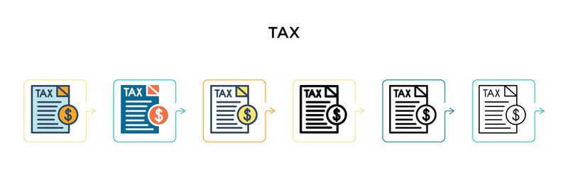 Tax vector icon in 6 different modern styles. Black, two colored tax icons designed in filled, outline, line and stroke style. Vector illustration can be used for web, mobile, ui