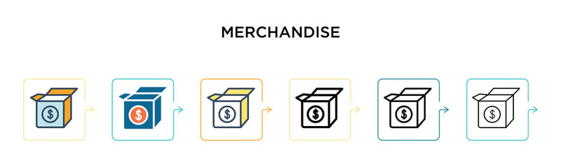 Merchandise vector icon in 6 different modern styles. Black, two colored merchandise icons designed in filled, outline, line and stroke style. Vector illustration can be used for web, mobile, ui