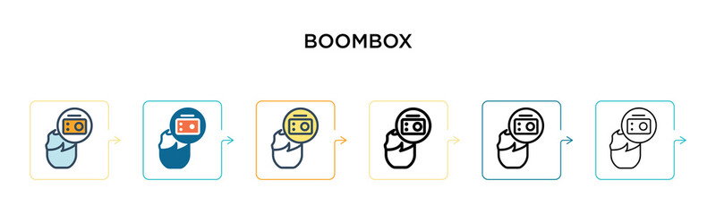 Boombox vector icon in 6 different modern styles. Black, two colored boombox icons designed in filled, outline, line and stroke style. Vector illustration can be used for web, mobile, ui