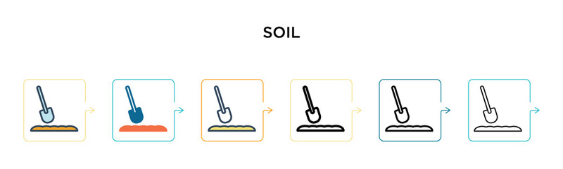 Soil vector icon in 6 different modern styles. Black, two colored soil icons designed in filled, outline, line and stroke style. Vector illustration can be used for web, mobile, ui