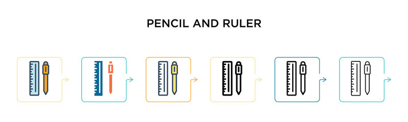 Pencil and ruler vector icon in 6 different modern styles. Black, two colored pencil and ruler icons designed in filled, outline, line and stroke style. Vector illustration can be used for web,