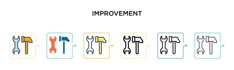 Improvement vector icon in 6 different modern styles. Black, two colored improvement icons designed in filled, outline, line and stroke style. Vector illustration can be used for web, mobile, ui