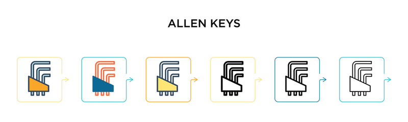 Allen keys vector icon in 6 different modern styles. Black, two colored allen keys icons designed in filled, outline, line and stroke style. Vector illustration can be used for web, mobile, ui