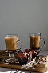 chocolate muffins on the table with a cup of coffee