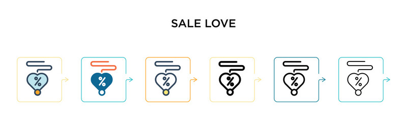 Sale love vector icon in 6 different modern styles. Black, two colored sale love icons designed in filled, outline, line and stroke style. Vector illustration can be used for web, mobile, ui
