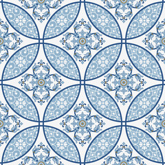 Majolica pottery tile, blue and white azulejo, original traditional Portuguese and Spain decor. Seamless patchwork tile with Victorian motives. Vector illustration.