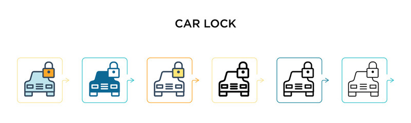 Car lock vector icon in 6 different modern styles. Black, two colored car lock icons designed in filled, outline, line and stroke style. Vector illustration can be used for web, mobile, ui