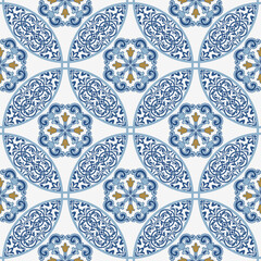 Majolica pottery tile, blue and white azulejo, original traditional Portuguese and Spain decor. Seamless patchwork tile with Victorian motives. Vector illustration.