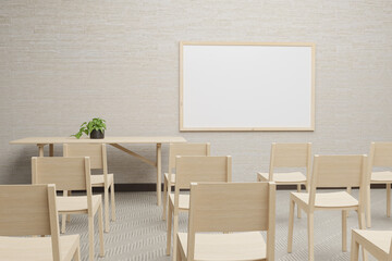 3D illustration of empty training room with blank whiteboard