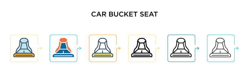 Car bucket seat vector icon in 6 different modern styles. Black, two colored car bucket seat icons designed in filled, outline, line and stroke style. Vector illustration can be used for web, mobile,