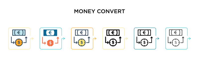 Money convert vector icon in 6 different modern styles. Black, two colored money convert icons designed in filled, outline, line and stroke style. Vector illustration can be used for web, mobile, ui