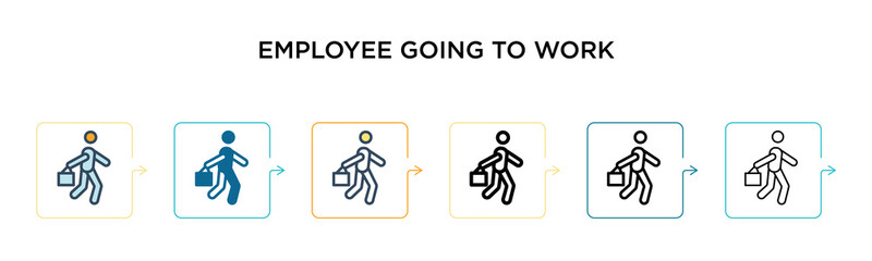 Employee going to work vector icon in 6 different modern styles. Black, two colored employee going to work icons designed in filled, outline, line and stroke style. Vector illustration can be used for