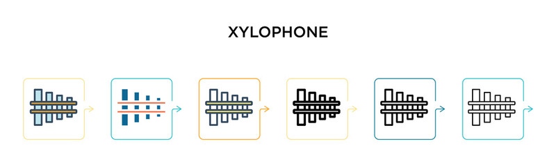 Xylophone vector icon in 6 different modern styles. Black, two colored xylophone icons designed in filled, outline, line and stroke style. Vector illustration can be used for web, mobile, ui