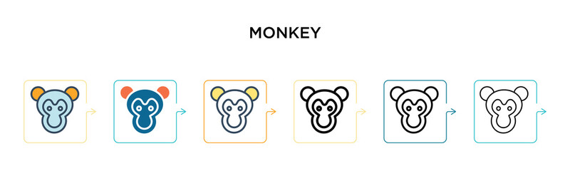 Monkey vector icon in 6 different modern styles. Black, two colored monkey icons designed in filled, outline, line and stroke style. Vector illustration can be used for web, mobile, ui
