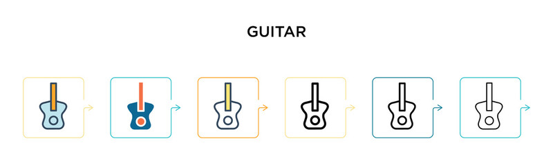 Guitar vector icon in 6 different modern styles. Black, two colored guitar icons designed in filled, outline, line and stroke style. Vector illustration can be used for web, mobile, ui