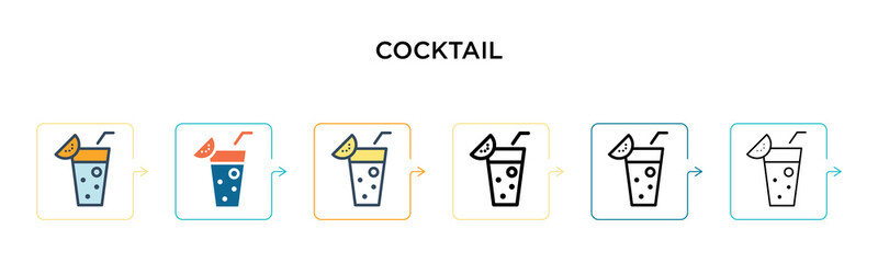 Cocktail vector icon in 6 different modern styles. Black, two colored cocktail icons designed in filled, outline, line and stroke style. Vector illustration can be used for web, mobile, ui