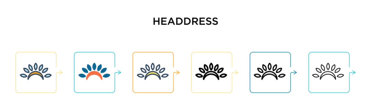 Headdress vector icon in 6 different modern styles. Black, two colored headdress icons designed in filled, outline, line and stroke style. Vector illustration can be used for web, mobile, ui