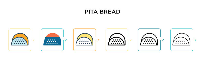 Pita bread vector icon in 6 different modern styles. Black, two colored pita bread icons designed in filled, outline, line and stroke style. Vector illustration can be used for web, mobile, ui