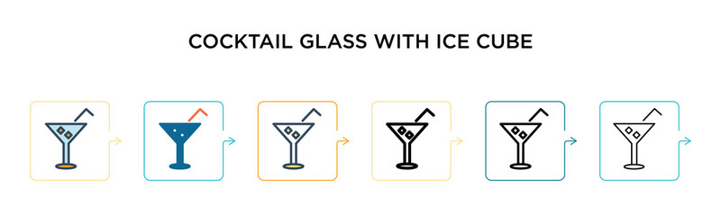 Cocktail glass with ice cube vector icon in 6 different modern styles. Black, two colored cocktail glass with ice cube icons designed in filled, outline, line and stroke style. Vector illustration can