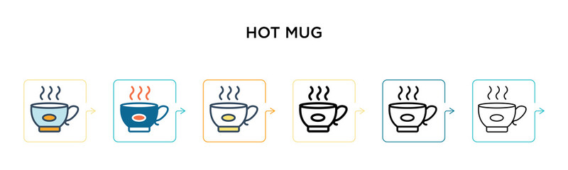 Hot mug vector icon in 6 different modern styles. Black, two colored hot mug icons designed in filled, outline, line and stroke style. Vector illustration can be used for web, mobile, ui