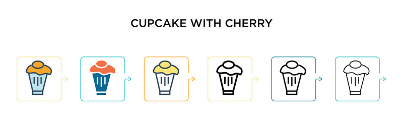 Cupcake with cherry vector icon in 6 different modern styles. Black, two colored cupcake with cherry icons designed in filled, outline, line and stroke style. Vector illustration can be used for web,