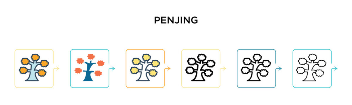 Penjing vector icon in 6 different modern styles. Black, two colored penjing icons designed in filled, outline, line and stroke style. Vector illustration can be used for web, mobile, ui