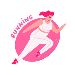 A woman running, jogging. A happy funny sportswoman runner exercising, smiling. An active girl jogger run. A vector cartoon flat illustration.