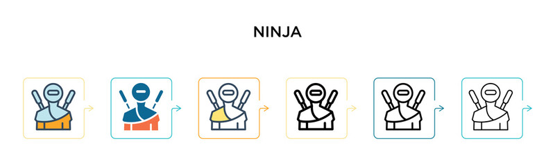 Ninja vector icon in 6 different modern styles. Black, two colored ninja icons designed in filled, outline, line and stroke style. Vector illustration can be used for web, mobile, ui