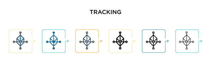 Tracking vector icon in 6 different modern styles. Black, two colored tracking icons designed in filled, outline, line and stroke style. Vector illustration can be used for web, mobile, ui