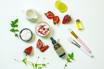 Natural ingredients for a homemade strawberry  face mask for the skin