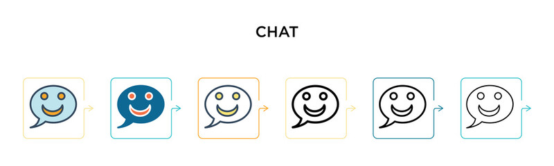 Chat vector icon in 6 different modern styles. Black, two colored chat icons designed in filled, outline, line and stroke style. Vector illustration can be used for web, mobile, ui