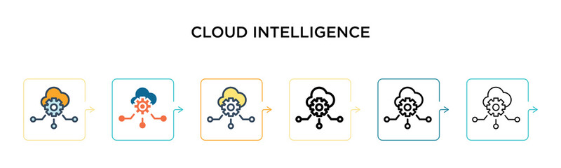 Cloud intelligence vector icon in 6 different modern styles. Black, two colored cloud intelligence icons designed in filled, outline, line and stroke style. Vector illustration can be used for web,