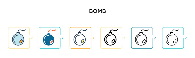 Bomb vector icon in 6 different modern styles. Black, two colored bomb icons designed in filled, outline, line and stroke style. Vector illustration can be used for web, mobile, ui
