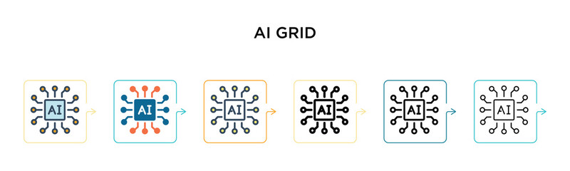 Ai grid vector icon in 6 different modern styles. Black, two colored ai grid icons designed in filled, outline, line and stroke style. Vector illustration can be used for web, mobile, ui