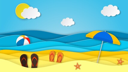 Fototapeta na wymiar Sea landscape with beach, waves, clouds, Flipflops shoe. Paper cut out digital craft style. abstract blue sea and beach summer background with paper waves and seacoast. Vector illustration
