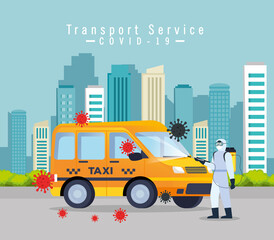 Naklejka premium taxi car disinfection service, prevention coronavirus covid 19, clean surfaces in car with a disinfectant spray, person with biohazard suit vector illustration design