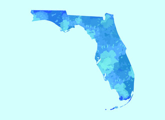 Florida watercolor map vector illustration of blue color on light background using paint brush in page